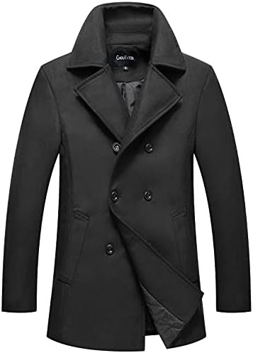 chouyatou Men’s Classic Notched Collar Double Breasted Wool Blend Pea Coat