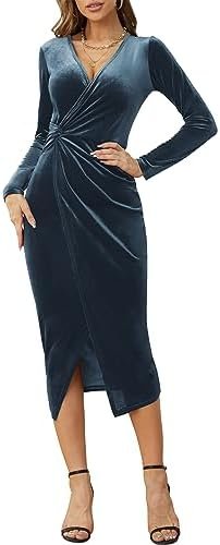 NASHALYLY Women’s Long Sleeve V-Neck Wrap Velvet Dress Elegant Bodycon Bridesmaid Cocktail Party Formal Dresses