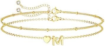 DEARMAY Dainty Initial Heart Gold Bracelets for Women Trendy, 14K Real Gold Letter Charm Bracelet Jewelry Cute Simple Fashion Chain Bracelets for Women Girls Gift