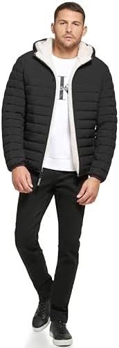 Calvin Klein Men’s Hooded Down Jacket, Quilted Coat, Sherpa Lined