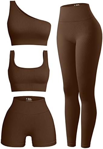 OQQ Women’s 4 Piece Outfits Ribbed Exercise Scoop Neck Sports Bra One Shoulder Tops High Waist Shorts Leggings Active Set