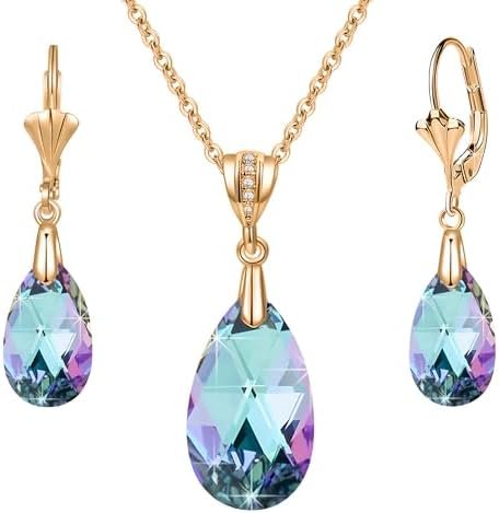 EVEVIC Austrian Crystals Teardrop Pendant Necklace Earrings for Women 14K Gold Plated Hypoallergenic Leverback Drop Dangle Earrings Jewelry Set