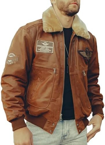 FLAVOR Men’s Real Leather Bomber Jacket with Removable Fur Collar Aviator