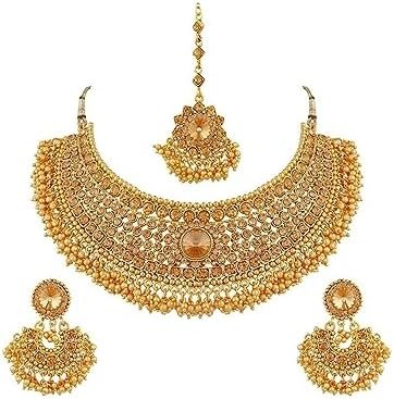 Efulgenz Indian Bollywood Traditional Crystal Pearl Wedding Choker Necklace Earrings Maang Tikka Jewelry Set