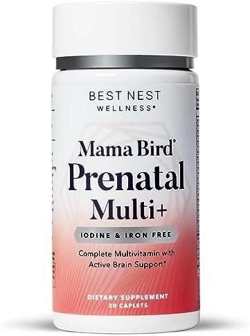 Best Nest Wellness Mama Bird Prenatal Vitamin Iron Free, No Iron or Iodine, Methylfolate (Folic Acid for Pregnant Women), Natural Organic Herbal Blend, Vegan, Once Daily (30 Count)