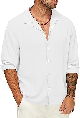 Runcati Mens Button Down Shirts Casual Long Sleeve Cuban Wedding Lightweight Summer Beach Plain Tops