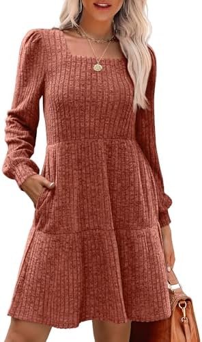 SAMPEEL Womens Square Neck Long Sleeve Fall Dresses Casual Babydoll Sweater Dress