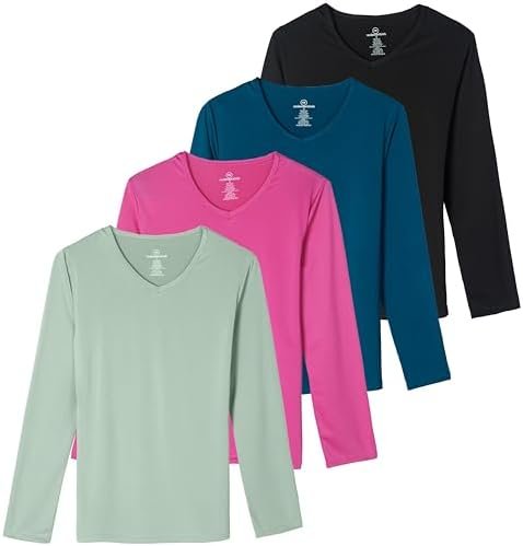 Real Essentials 4-Pack: Women’s Dry-Fit Long-Sleeve V-Neck Athletic Workout Shirt (Available in Plus Size)