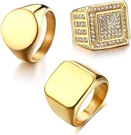 Dochais 3PCS Mens Rings Signet Rings for Men Women 14K Gold Plated Rings Stainless Steel Men Gold Rings Iced Out Rings