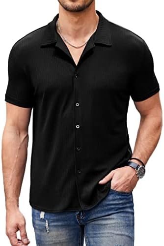 COOFANDY Men Summer Button Down Shirts Short Sleeve Cuban Shirts Knit Slim Fit Beach Shirts