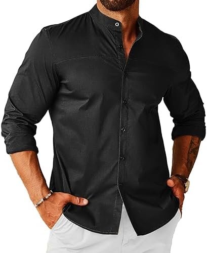 COOFANDY Men’s Muscle Fit Dress Shirts Banded Collar Long Sleeve Casual Button Down Shirts