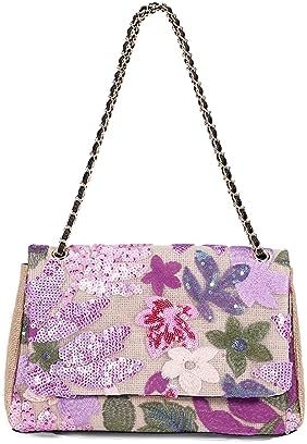 Women Summer Straw Bag Sequin Floral Embroidery Clutch Purse Shoulder Handbag For Beach Party With Random Flower Pattern