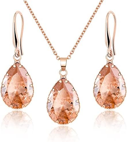 Linawe Crystal Jewelry Sets for Women, Diamond Pendant Necklace, Rhinestone Drop Dangle Earrings, Matching Wedding Jewelry, Birthstone Cubic Zirconia, 14K Gold/Rose Gold/Silver Tones