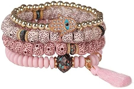 Caiyao Bohemian Evil Eye Beaded Multilayered Stackable Bracelet Set Multicolor Boho Ojo Charm Seed Hamsa Fatima Hand Charm Tassel Beaded Stretch Bracelet for Women Girl Lucky Protection Jewelry