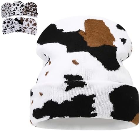 SiQiYu Cow Print Beanie Women Men, Cow Print Knit Cuffed Beanie Highland Cow Hat Warm Stretch Fashion Cap