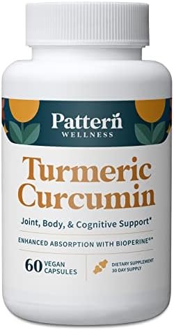 Pattern Wellness Turmeric Curcumin – 1300mg – 95% Curcuminoids with Bioperine Black Pepper Extract – Natural Joint, Health & Cognitive Support – Non-GMO, Gluten Free – 60 Capsules