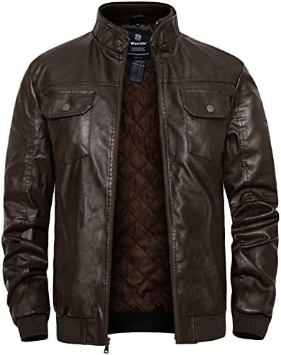 wantdo Men’s Faux Leather Jacket Windproof Motorcycle Bomber Jacket Slim Fit Winter Coat with Removable Hood