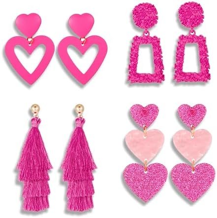 LINONKEY 4 Pcs Barbie Pink Heart Earrings Set Hot Pink Earrings for Women Lover Earrings Pink Heart Dangle Earrings Tassel Earrings for Women Lightweight Barbie Earrings for Women