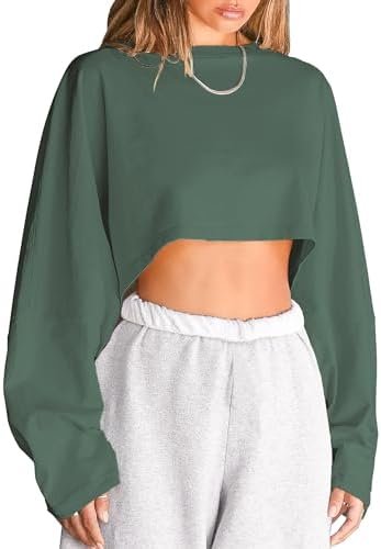 Queeany Oversized Sweatshirts For Women Loose Fit Cropped Sweatshirt Fall Fashion Long Sleeve Crop Top Crewneck Workout Top