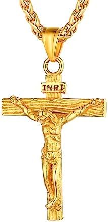 U7 Men Crucifix Cross Pendant with Chain Baptism Christian Jewelry Stainless Steel/18K Gold Antique Jesus Necklace, Gift Packed,Length 22″