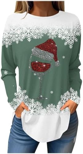 Christmas Shirts for Women Red Wine Glass Snowflake Print Long Sleeve Loose Tops Crew Neck Sweatshirt Cute Fall Blouse Tshirt