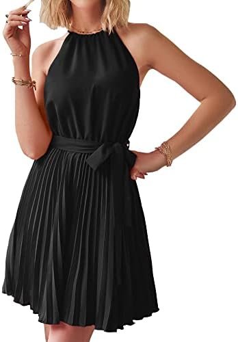 BTFBM Women 2023 Summer Casual Halter Neck A-Line Dress Sleeveless Belted Swing Pleated Cocktail Party Beach Mini Dresses