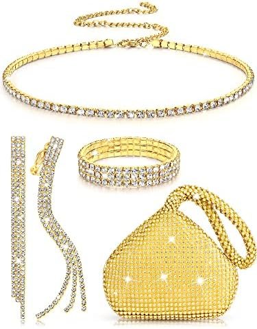 MTLEE Women Clutch Purse Rhinestone Jewelry Set 4 Pieces Rhinestone Ear Clip Bridal Wedding Choker Bracelet Dangle Ear Clip Triangle Bling Glitter Purse for Party