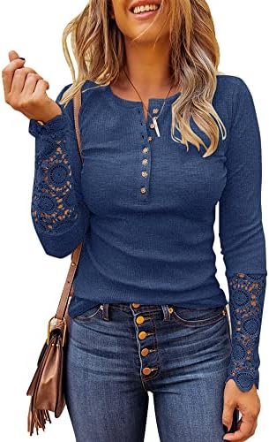 Limerose Women’s Long Sleeve Lace Trim Tunic Tops Button Down Casual Blouse Cute Crew Neck Ribbed Shirt