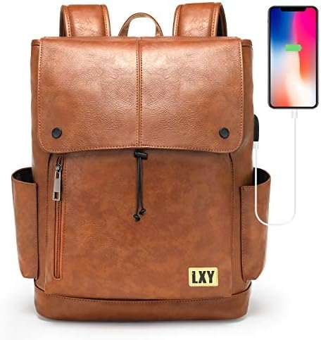 LXY Leather Laptop Backpack Women Vintage Travel Computer Backpack with USB Charging Port, Laptop Purse Book Bag for Ladies