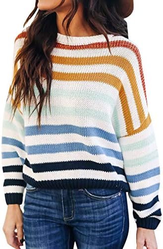 ZESICA Women’s 2023 Fall Long Sleeve Crew Neck Striped Color Block Casual Loose Knitted Pullover Sweater Tops