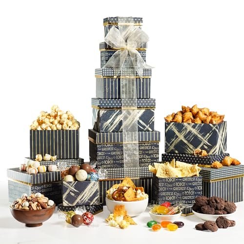 Broadway Basketeers Gourmet Food Gift Basket 6 Box Tower for Birthdays – Curated Snack Box, Sweet and Savory Treats for Parties, Best Wishes, Birthday Presents for Women, Men, Mom, Dad, Her, Him, Families