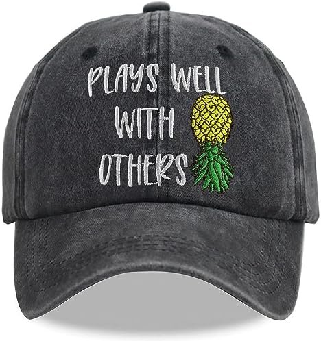 KKMKSHHG Plays Well with Others Hat for Men Women Upside Down Pineapple Adjustable Vintage Embroidered Baseball Cap