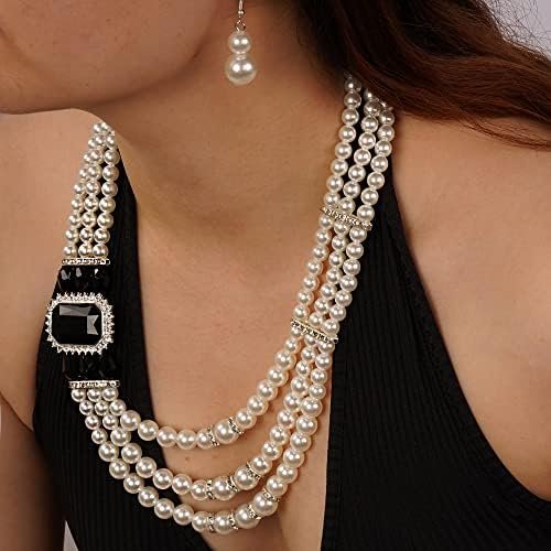 Aimimier 1920s 3-layered White Faux Pearl Necklace and Earrings Set with Crystal and Rhinestone Bridal Long Pearl Necklace Statement Women Jewelry