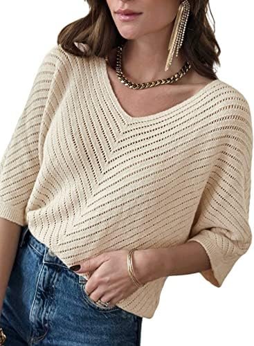 Dokotoo Women’s 2023 Summer Spring Casual 3/4 Sleeve Solid Color V Neck Loose Pullover Knit Fall Sweaters Tops