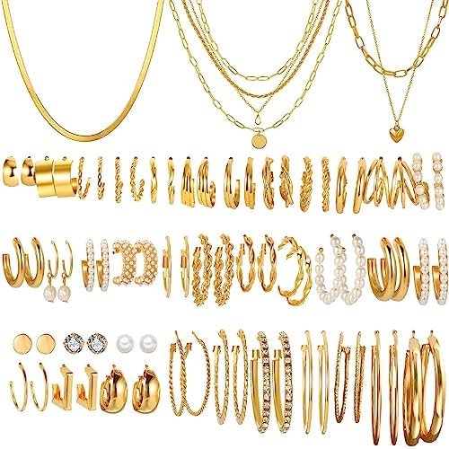 CONGYING 39 Pairs Gold Hoop Earrings Set 7pcs Gold Chain Necklace For Women Girls Chunky Chain Twisted Hoop Earrings Pack Dangle Earrings Choker Jewelry For Birthday Party Christmas Gift