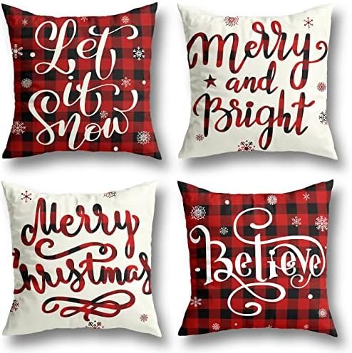 Christmas Decorations Christmas Pillow Covers 18×18 Inches Set of 4 Farmhouse Buffalo Plaid Black and Red Throw Pillow Case Winter Holiday Christmas Decor Home Sofa Couch Cushion Indoor Decorations