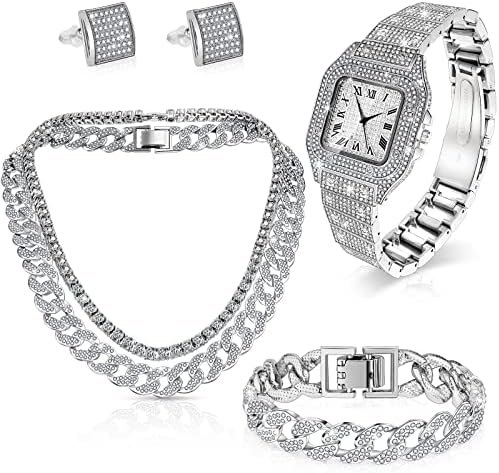 Sasylvia 5 Pcs Hip Hop Jewelry Set with Miami Cuban Link Chain Necklace Bracelet Bling Crystal Diamond Watch Rhinestone Earrings