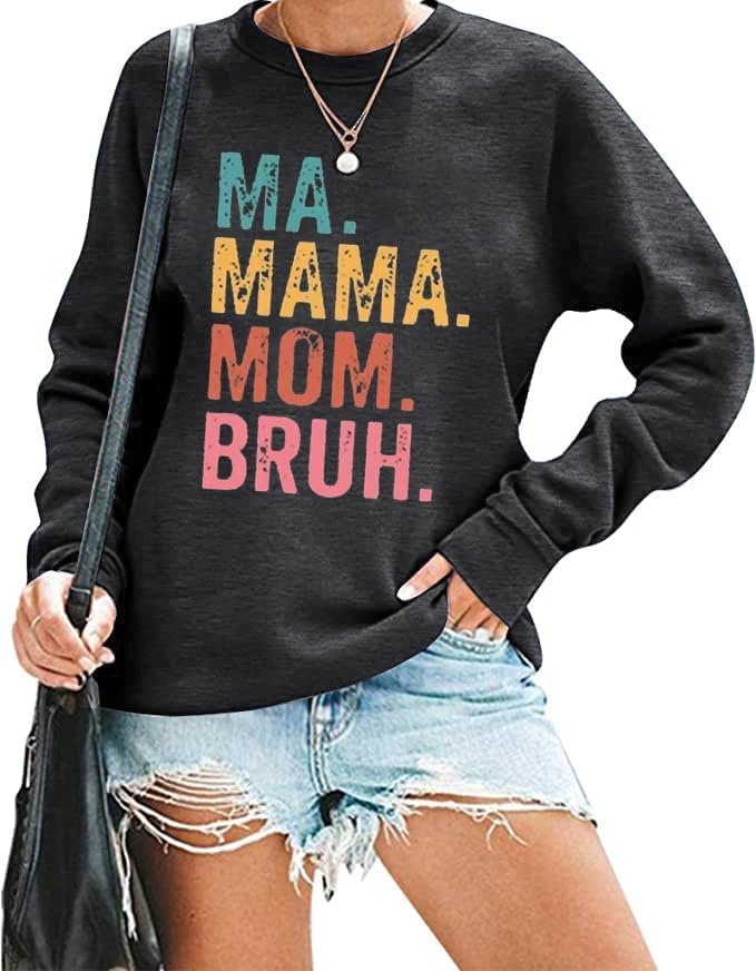 Oriental Pearl Womens Mama Crewneck Sweatshirt Ma Mama Mom Bruh Letter Print Long Sleeve Loose Fashion Pullover Top