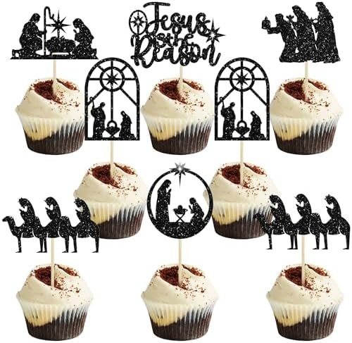 24Pcs Jesus Christmas Cupcake Toppers Glitter Religion Christmas Nativity Cupcake Picks Jesus Birthday Cake Decorations for Holy Nativity Christmas Party Decorations Black