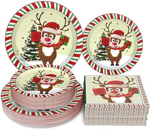 Homlouue Christmas Plates Dinnerware Disposable, Christmas Tree Reindeer Party Supplies Include 50 Dinner Plates 50 Dessert Plates 100 Napkins for Christmas Party Decoration, Holiday Plates Serve 50