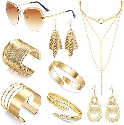 MOZAKA 8 Pieces 70s Disco Set Rimless Diamond Cutting Sunglasses Gold Cuff Bangle Bracelets Layered Choker Necklace Disco Dangle Earrings for Women