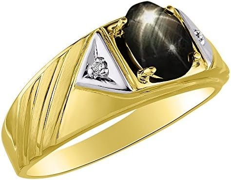 Rylos Mens Rings 14K Yellow Gold – Black Star Sapphire & Diamond Ring 8X6MM Color Stone Gemstone Rings For Men Mens Jewelry Gold Rings