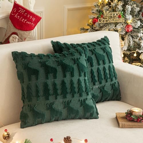 SHITURRE Green Christmas Tree and Reindeer Decorative Throw Pillow Covers 18″x18″, 2 Packs Soft Plush Square Pillow Cover with Embroidery for Home Decor, Holiday Cushion Cases for Bed Living Room