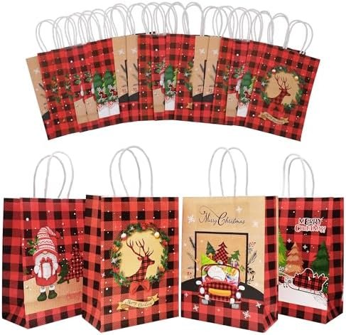 AMMAKER 24 Pack Christmas Gift Bags, 4 Designs Christmas Kraft Paper Bags, 8.27 x 5.91 x 3.15 Inches with Handles Xmas Gift Bags, Suitable for School,Holiday Kraft Paper Gift Bags, Party Gift Bags