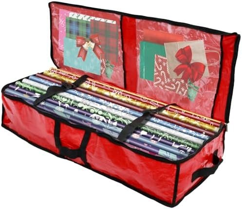 FALESOUL Wrapping Paper Storage Container, Large Capacity Gift Waterproof Christmas Wrapping Paper Storage Bag, Tearproof Christmas Wrap Storage for Bows, Ribbon, Card, Holiday Accessories (Red)