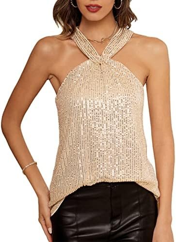 GRACE KARIN Women’s Sequin Sparkle Tank Tops Halter Neck Keyhole Knot Slim Fit Cocktail Tops