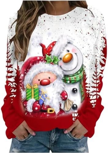 fartey Womens Ugly Christmas Sweatshirt Cute Holiday 3D Print Tops Long Sleeve Round Neck Pullover 2023 Christmas Sweaters