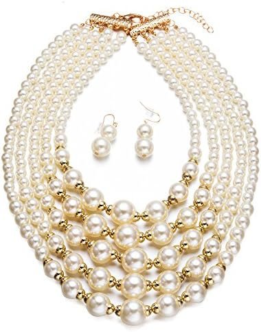 Yuhuan Women Elegant Pearl Jewelry Bead Cluster Collar Bib Choker Necklace and Earrings Set (Ivory)