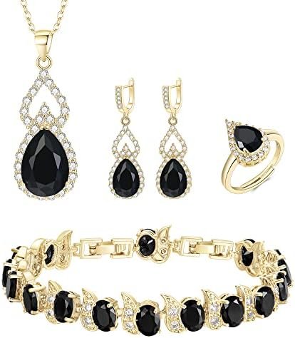 Mayfox Bridal Cubic Zirconia Open Ring Bracelet Necklace Dangle Earrings Set, Waterdrop Oval Birthstone Wedding Jewelry Set for Bride, Valentine’s Day/Mother’s Day/Thanksgiving/Christmas/Birthday Gifts for Girlfriend/Lady/Wife/Mother