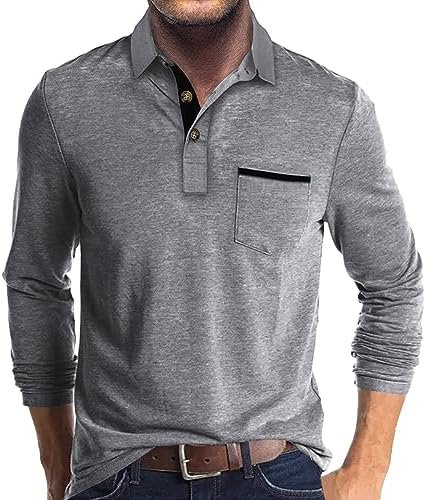 Mens Fashion Polo Shirts Cotton Classic Long Sleeve Thermal Button Shirt with Pocket